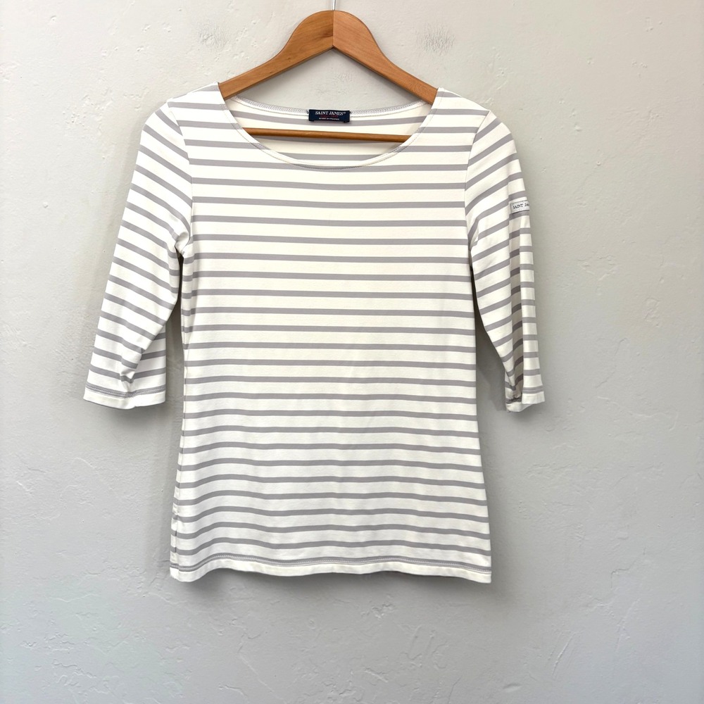 Saint James Breton Boatneck Striped Top Women Size 6 White Gray Stretch